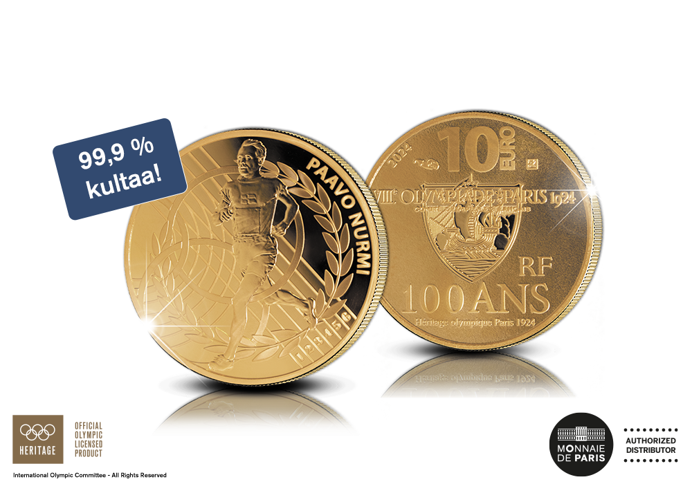 Paavo Nurmi ikuistettuna Olympic Games Paris 1924 -kultaeuroon